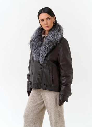 Женский пуховик из натуральной кожи с чернобуркой фото