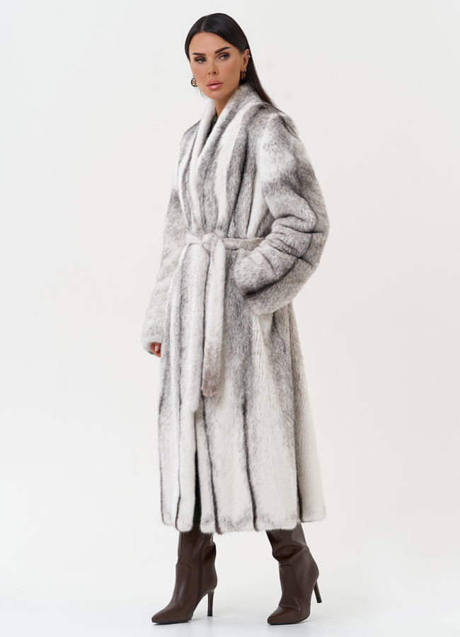 Длинная шуба из норки крестовки модель № 31320 универмаг малина