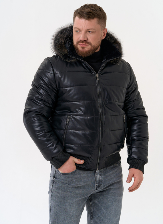 Пуховик из эко кожи черного цвета  Пуховик из эко кожи черного цвета
