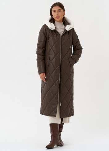 Пуховик из эко кожи с капюшоном