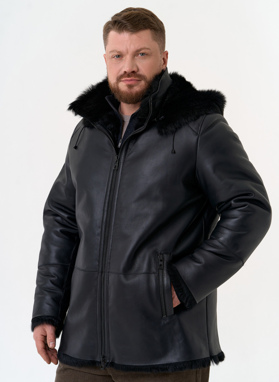 Мужская дубленка черного цвета с капюшоном Мужская дубленка черного цвета с капюшоном
