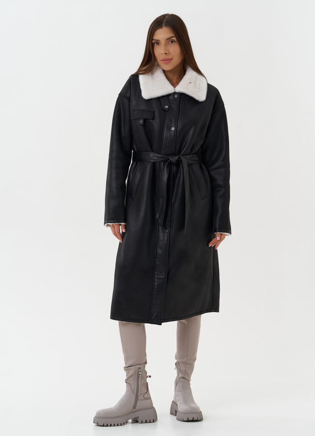 Удлиненное пальто из эко замши модель № 27710 меха малина