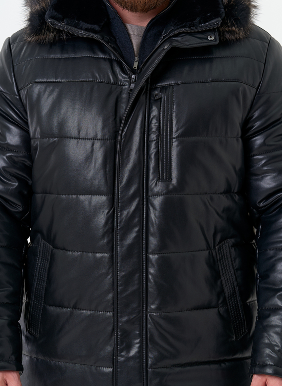 Пуховик из эко кожи с капюшоном из меха енота Пуховик из эко кожи с капюшоном из меха енота