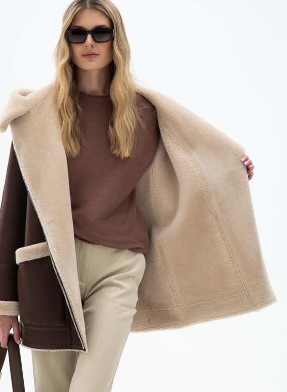 Женская удлиненная дубленка из эко кожи