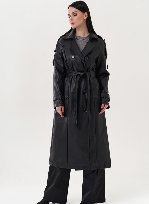 Тренч черного цвета из эко кожи