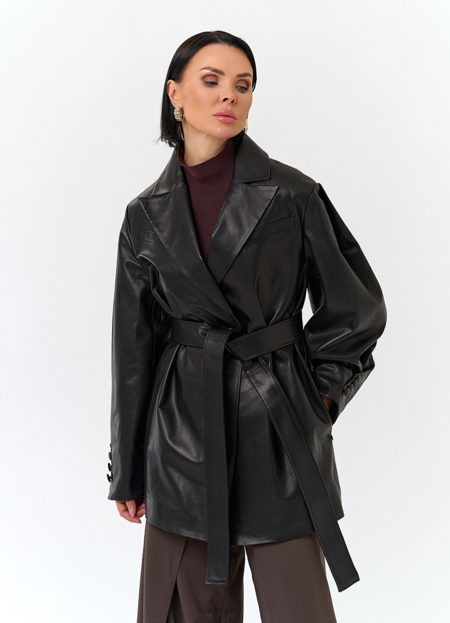 Жакет из натуральной кожи с поясом модель № 32885 универмаг малина