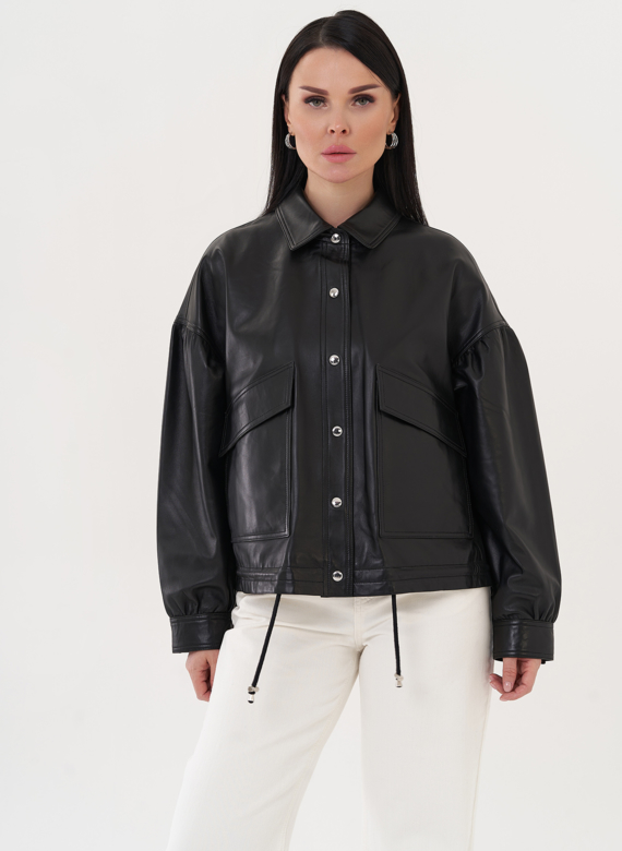 Кожаная куртка "бомбер" с кулиской по низу