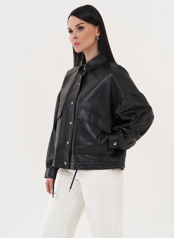 Кожаная куртка "бомбер" с кулиской по низу