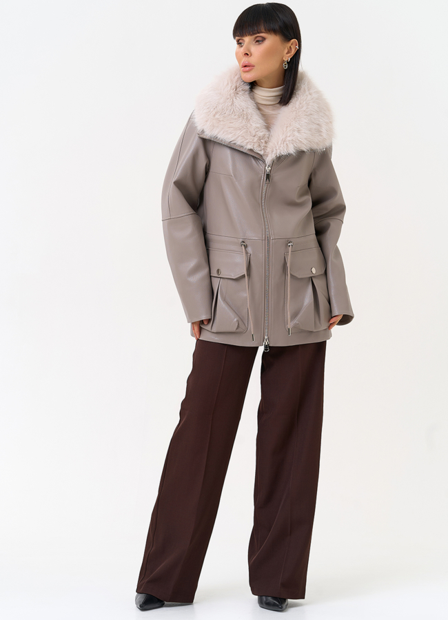 Удлиненная куртка из эко кожи с воротником из эко меха модель № 30707 универмаг малина