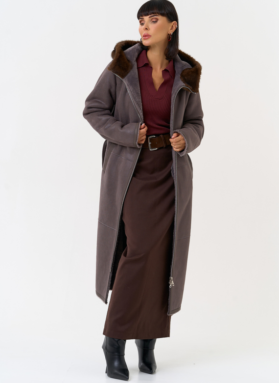 Женская дубленка из эко замши с поясом