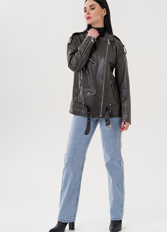 Длинная косуха из натуральной кожи серого цвета модель № 24362 универмаг малина