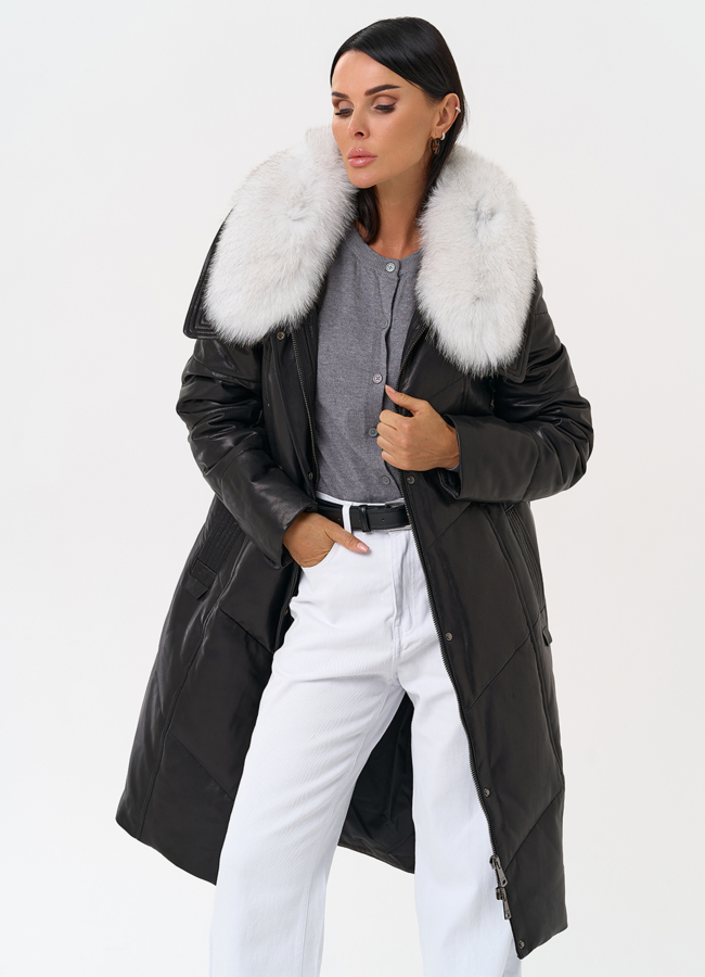 Длинный пуховик из натуральной кожи модель № 31568 универмаг малина