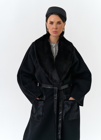 Женское длинное пальто с воротником из меха норки