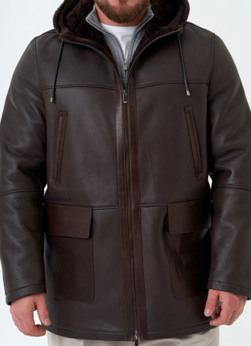 Мужская натуральная дубленка с капюшоном