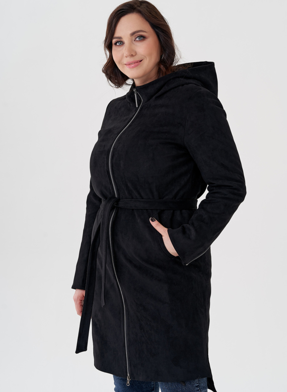 Полупальто из эко замши на утеплителе с капюшоном