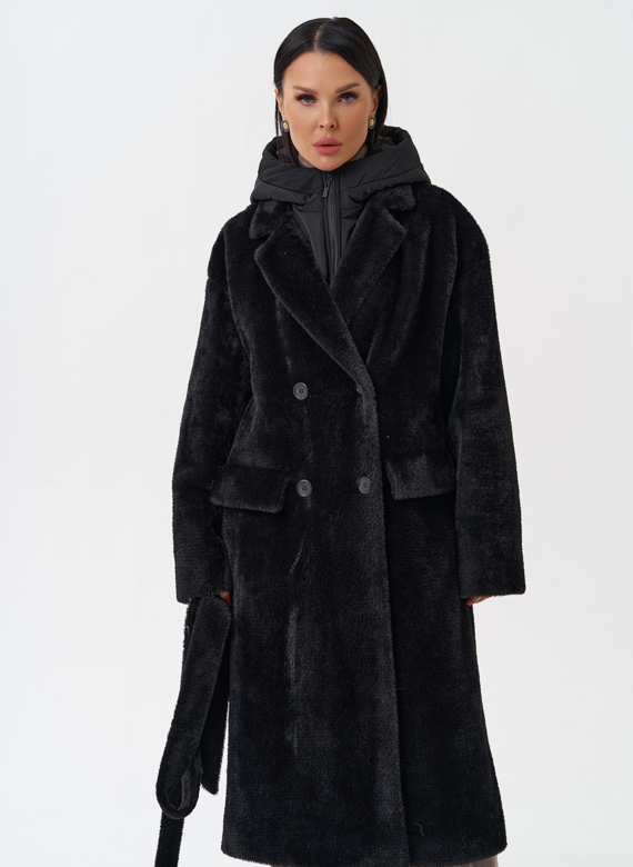 Женское ворсовое пальто с капюшоном