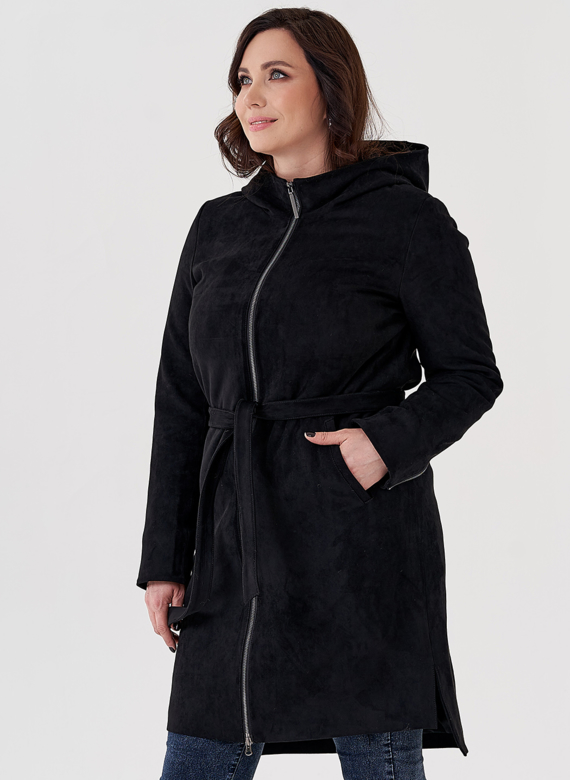 Полупальто из эко замши на утеплителе с капюшоном