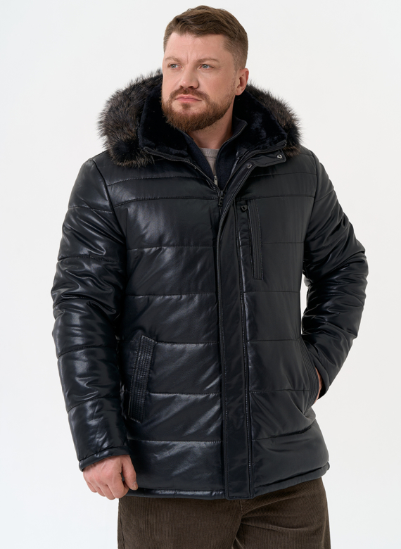 Пуховик из эко кожи с капюшоном из меха енота Пуховик из эко кожи с капюшоном из меха енота