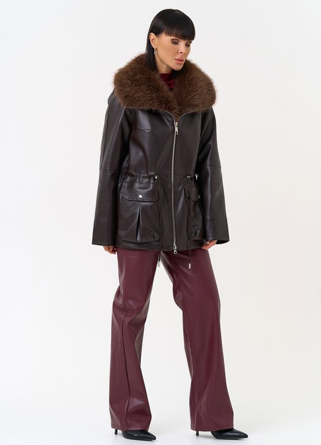 Удлиненная куртка из эко кожи с воротником из эко меха модель № 31541 универмаг малина