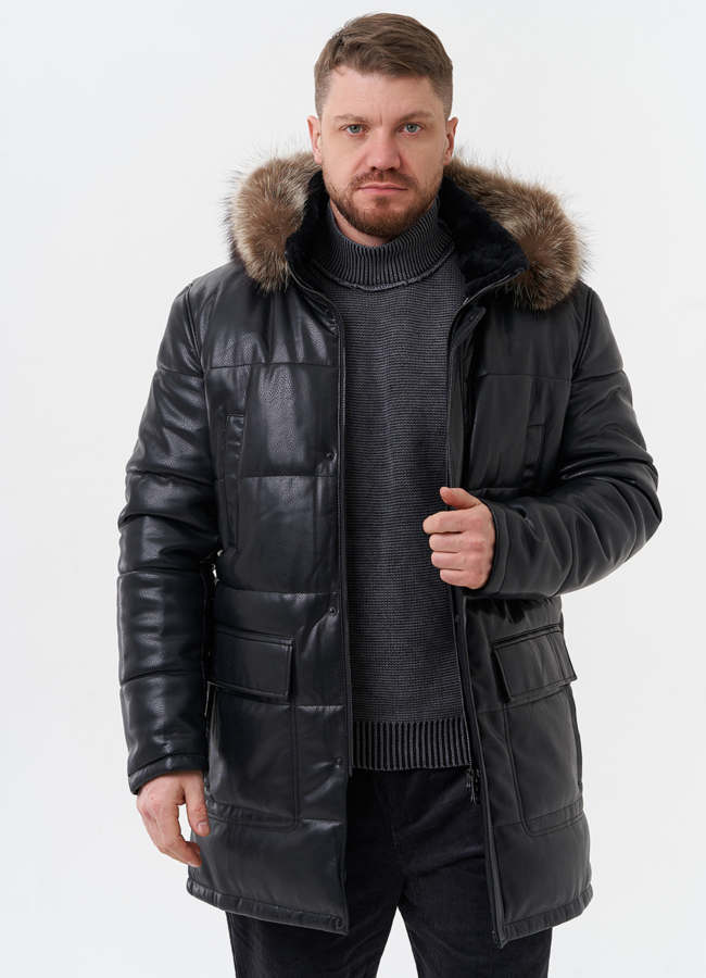 Пуховик из эко кожи с капюшоном из меха енота модель № 28584 универмаг малина