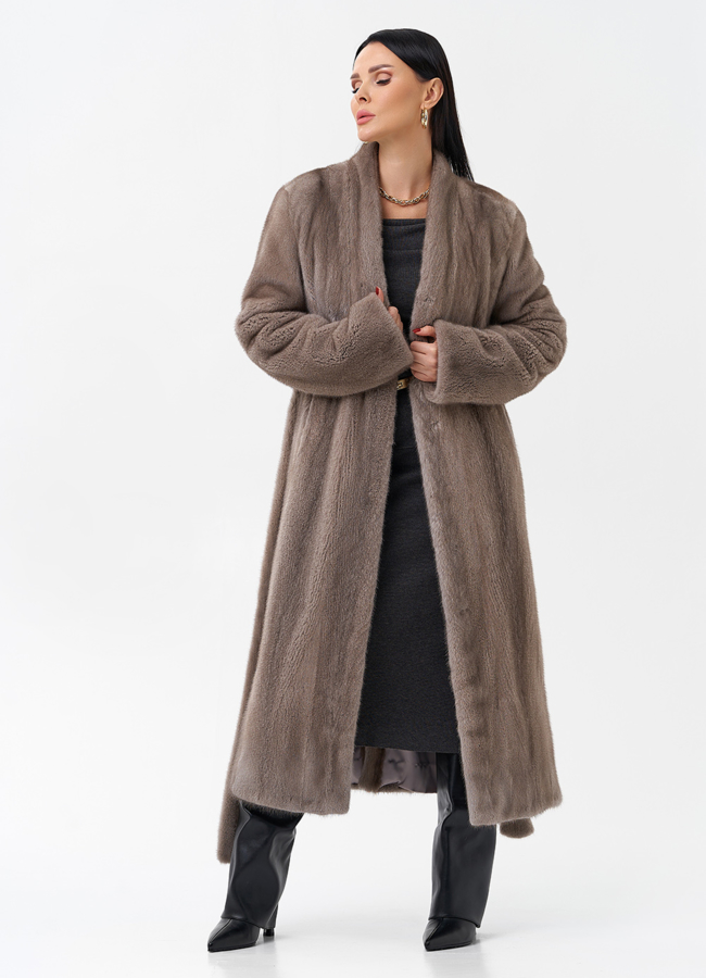 Длинная шуба из норки с поясом модель № 29088 универмаг малина