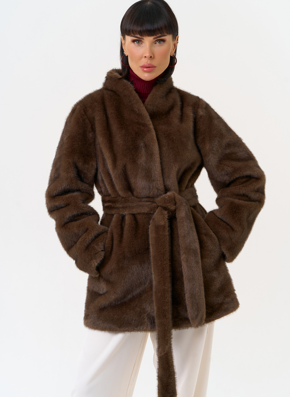 Женская шуба из эко меха с поясом