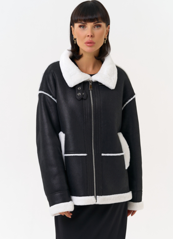 Женская дубленка из эко замши с воротником стойкой