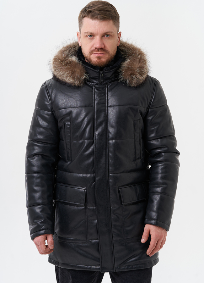 Пуховик из эко кожи с капюшоном из меха енота модель № 28584 меха малина