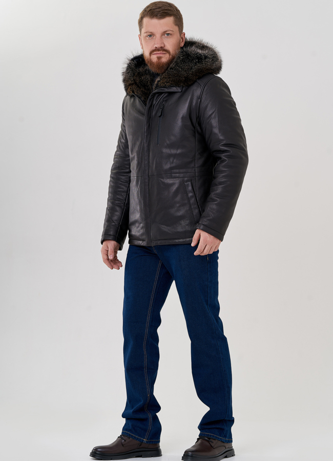 фото Мужской пуховик из натуральной кожи с мехом модель № 79173