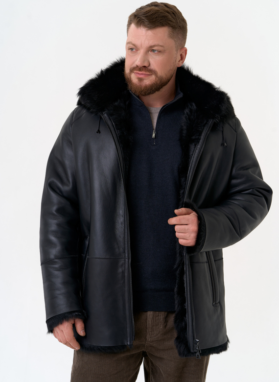 Мужская дубленка черного цвета с капюшоном Мужская дубленка черного цвета с капюшоном