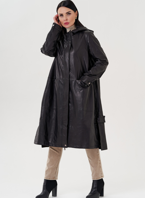 Длинный кожаный плащ с капюшоном