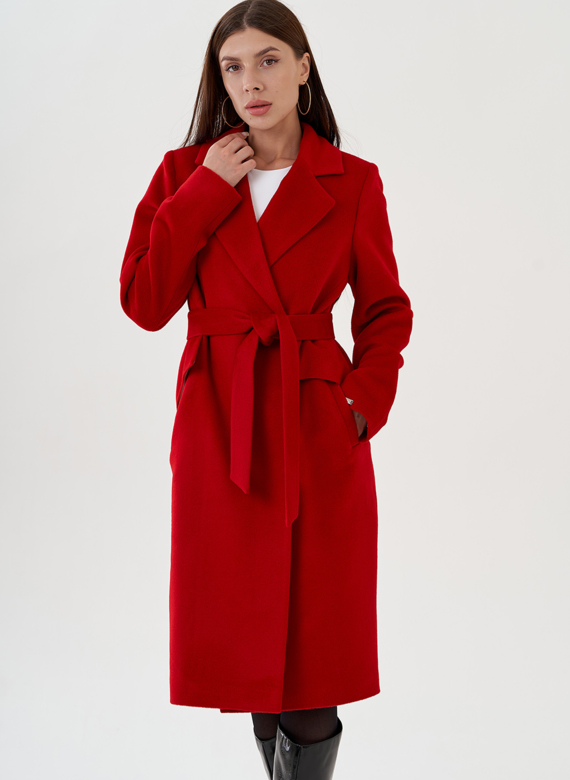 Пальто женское удлиненное  в красном цвете с поясом