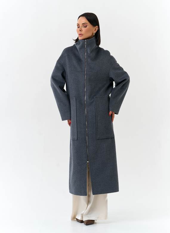 Женское длинное пальто с воротником стойкой