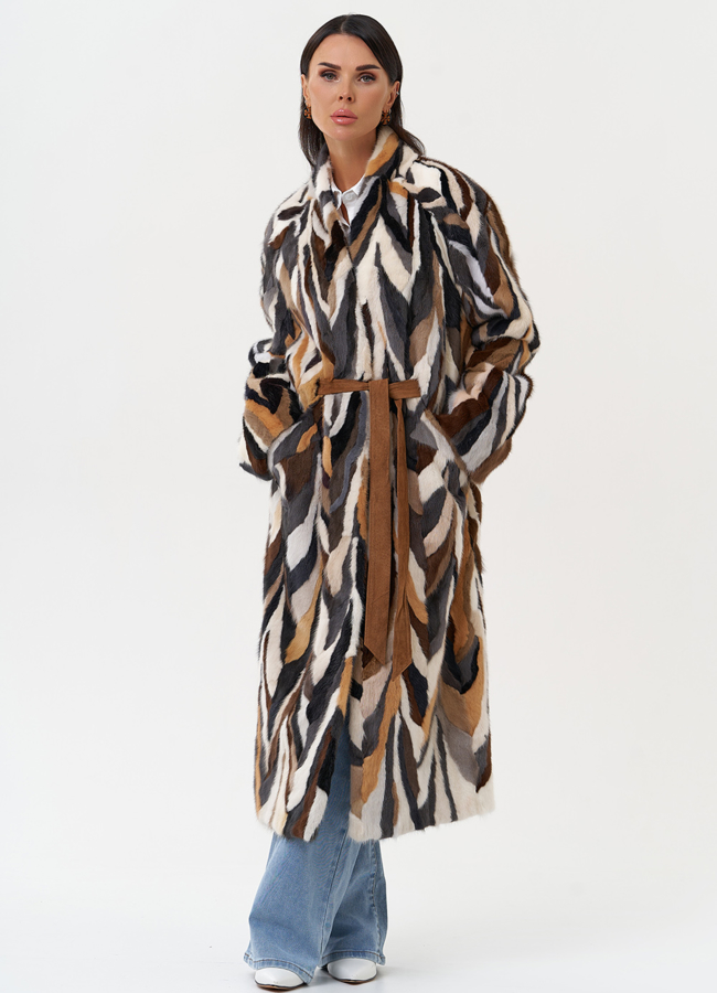 Шуба из норки в стиле пэчворк модель № 31298 меха малина