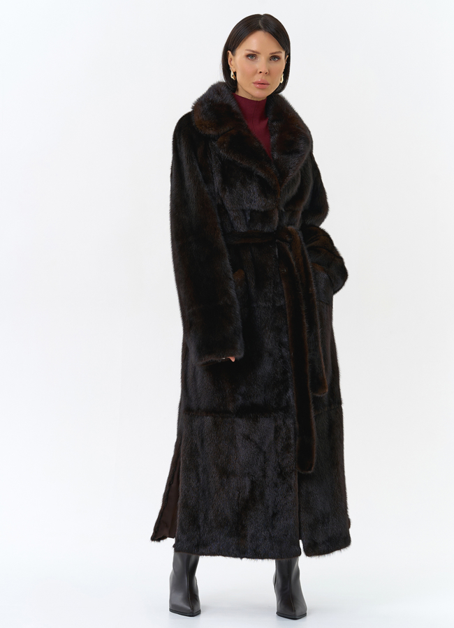 Длинная шуба из меха норки с английским воротником модель № 27597 в рассрочку