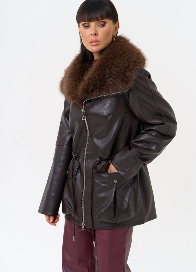 Удлиненная куртка из эко кожи с воротником из эко меха модель № 31541 в рассрочку