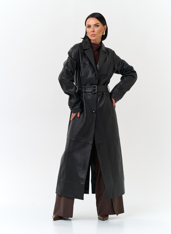 Женский длинный плащ из натуральной кожи