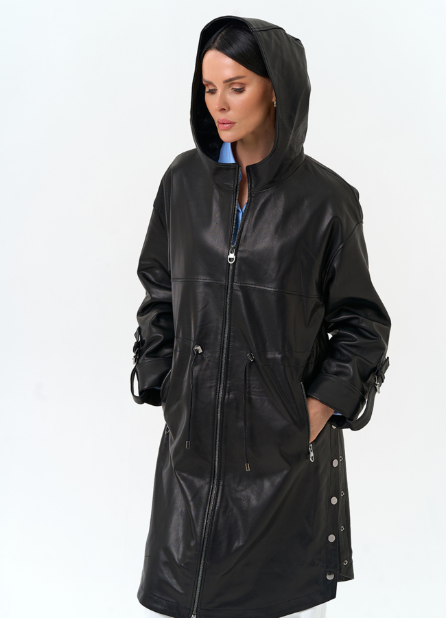 Женский плащ из натуральной кожи с капюшоном модель № 33142 универмаг малина