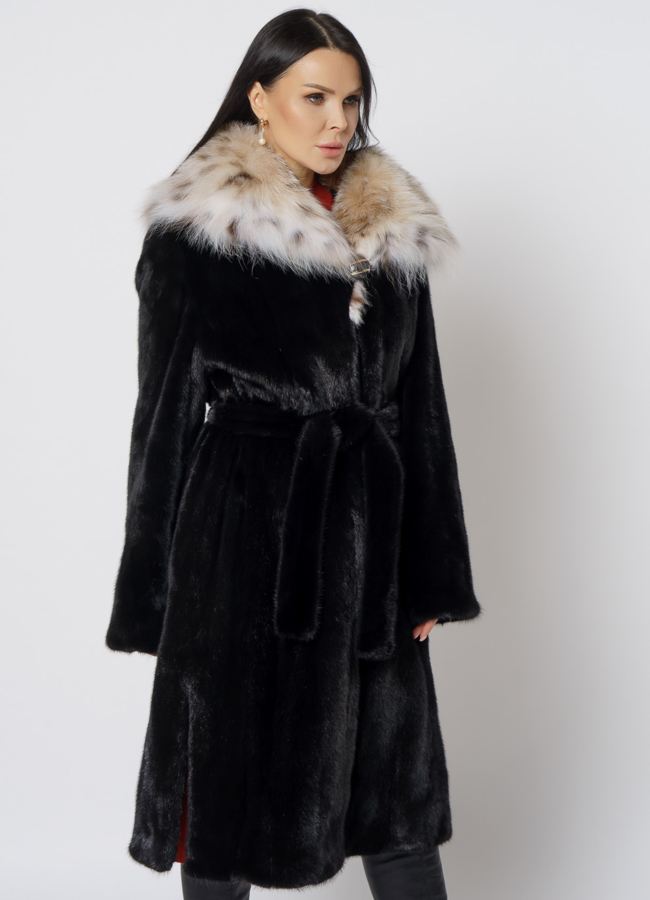 Норковая шуба с рысью в черном цвете модель № 25002 универмаг малина