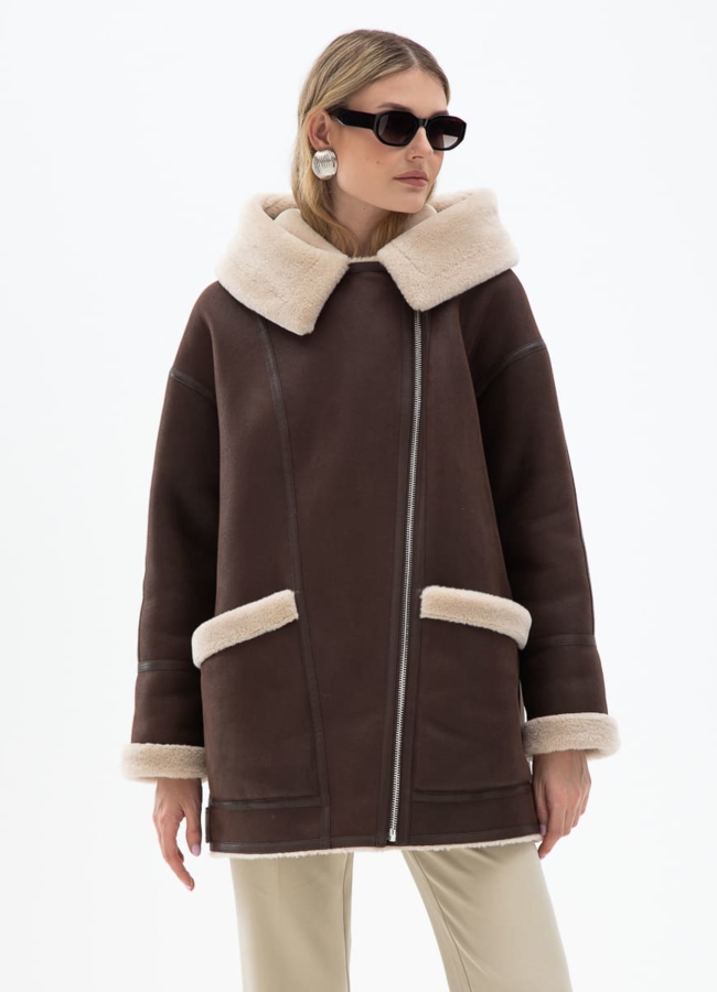 Женская удлиненная дубленка из эко кожи модель № 31870 меха малина